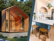 The interior and exterior of two beautiful tiny houses in a picturesque forest setting.