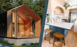 The interior and exterior of two beautiful tiny houses in a picturesque forest setting.