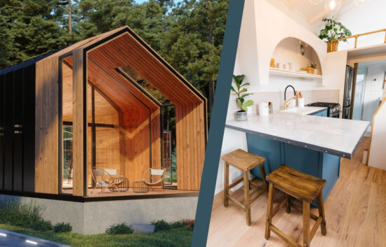 The interior and exterior of two beautiful tiny houses in a picturesque forest setting.