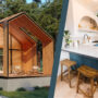 The interior and exterior of two beautiful tiny houses in a picturesque forest setting.